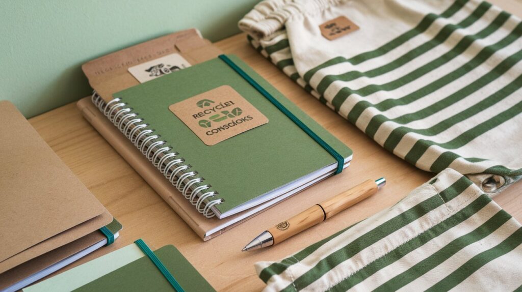 Eco-friendly promo set with green notebooks, striped tote bags, and a wooden pen arranged on a desk, representing sustainable promotional products by Miikana Marketing.