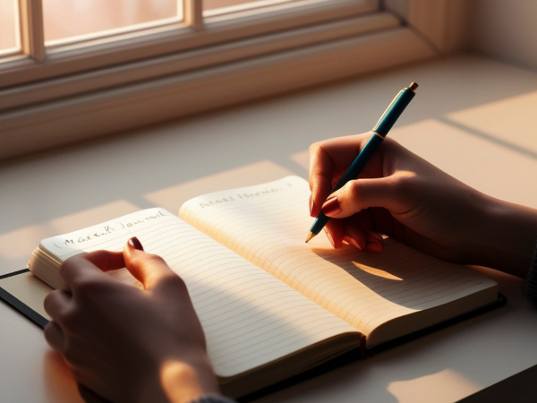 Person writing in a custom branded journal by a sunny window